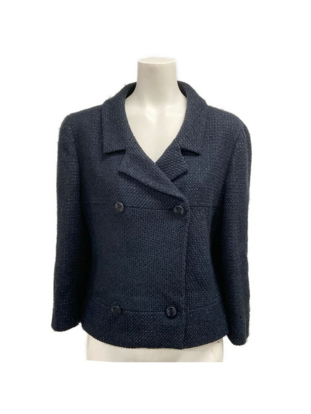 Chanel Jacket S Dark Navy Tweed Glitter Double Cotton 36